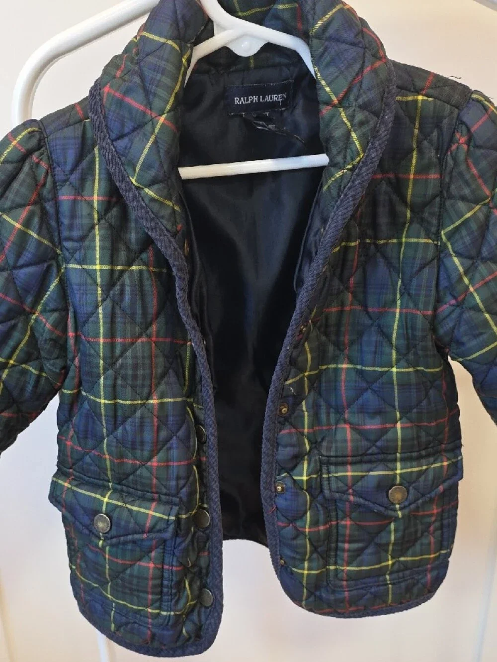 Ralph Lauren Quilted Plaid Puffer Jacket in Navy w/ Yellow & Red Accents 3T